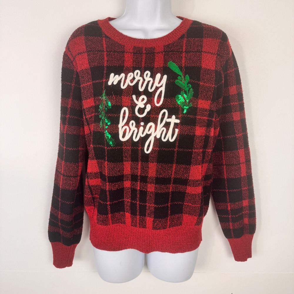 Holiday Time Sweater Women M Red Black Long Sleeve Plaid Merry Bright Christmas